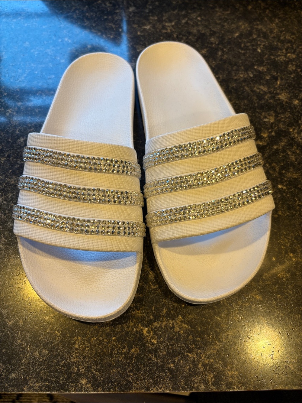 Adidas Embellished White Slide Sandals with Crystal Straps